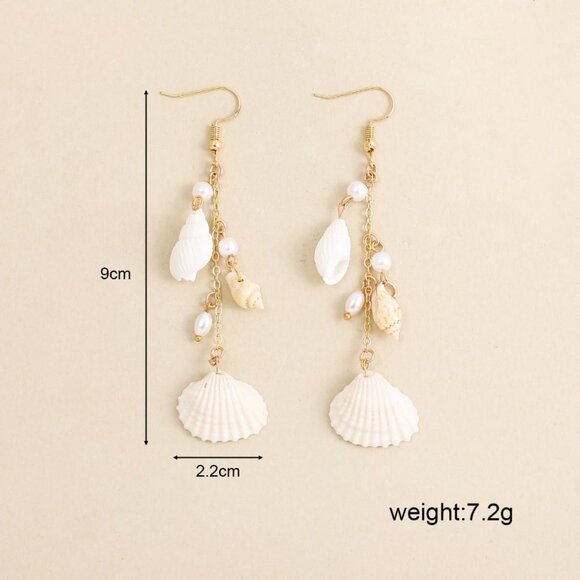 Sea Shell Faux Pearl Long Dangle Earrings Beach Holiday Jewelry for Women Girls - Picture 2 of 5